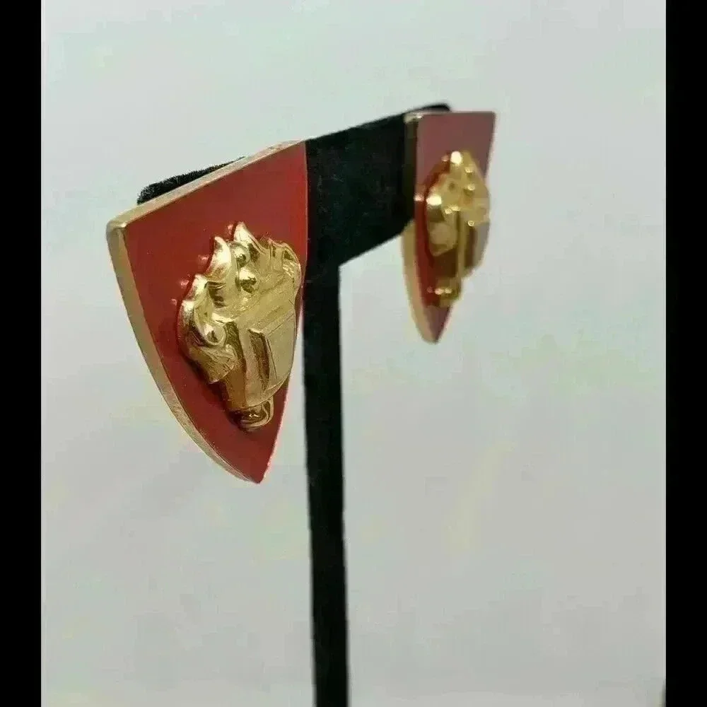 Vintage Earrings Cherry Red  Gold Shield Knights Pierced Celtic Crest Queen King